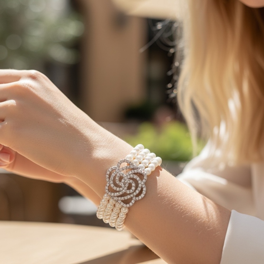Pearl 4 layers crystal rose bracelet white